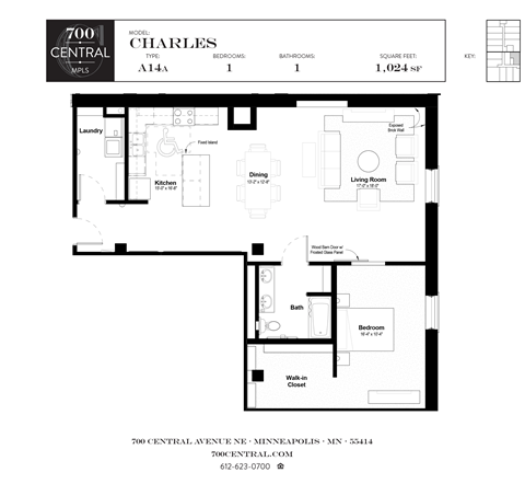 Floor plan for 1 bed, 1 bath, 1024 sqft